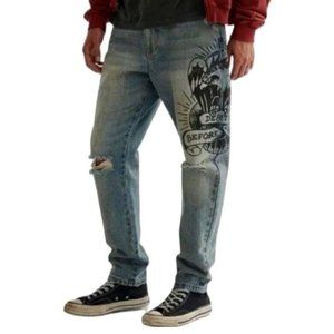 Ed Hardy Men's Eagle Distressed Death Before Dishonor Slim Taper Jeans